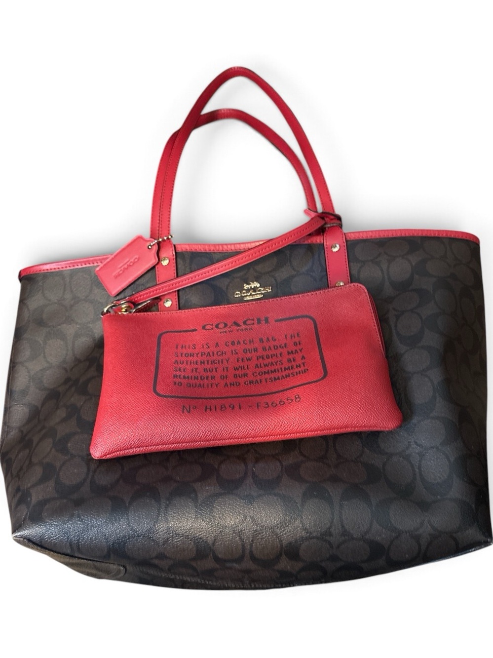 Coach Brown Signature Tote with Red Leather Pouch